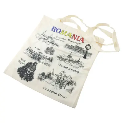Sacosa textil, suvenir romania, 38 x 41 cm, castele
